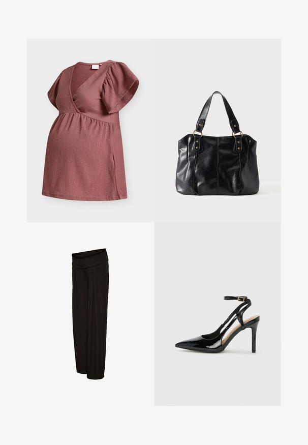 Robe de maternité mauve texturée avec un col en V à effet cache-cœur, manches courtes bouffantes et taille empire froncée.; Pantalon noir à jambes larges avec une ceinture plissée et une coupe ample, fabriqué en tissu léger.; Escarpin en cuir verni noir à talon haut, avec un bout pointu, une bride réglable à la cheville et des côtés ouverts. Texture lisse.; Sac à épaule en cuir noir avec double anses attachées par des anneaux et rivets dorés, surface lisse et légèrement brillante, design simple.