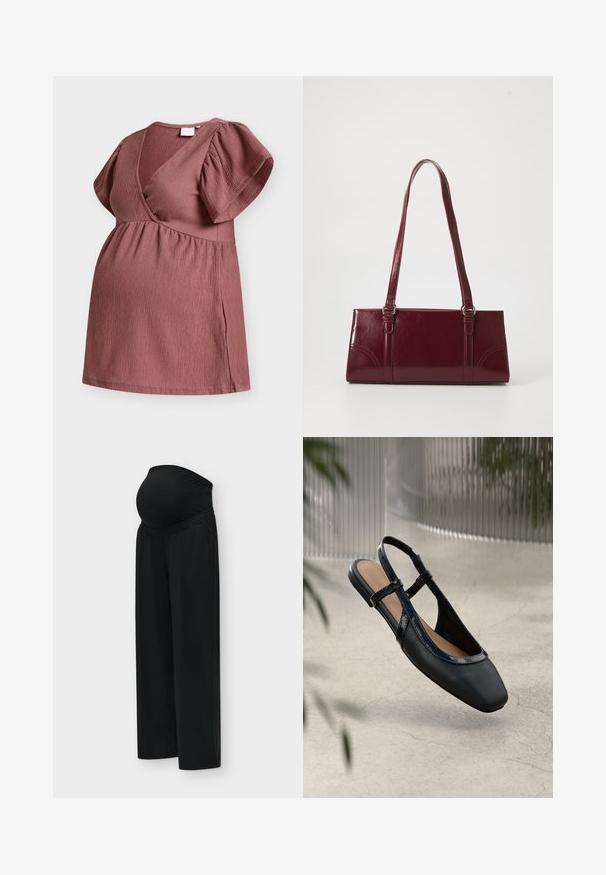 Robe de maternité mauve texturée avec un col en V à effet cache-cœur, manches courtes bouffantes et taille empire froncée.; Pantalon de maternité noir à jambes larges avec ceinture élastique conçu pour s'adapter à un ventre qui s'arrondit.; Chaussure plate slingback en cuir noir avec un orteil carré, dotée d'un fini verni brillant et de sangles ajustables pour un maintien sécurisé.; Sac à main bordeaux en matériau brillant, de forme rectangulaire, avec deux anses et des accents légèrement courbés à l'avant.