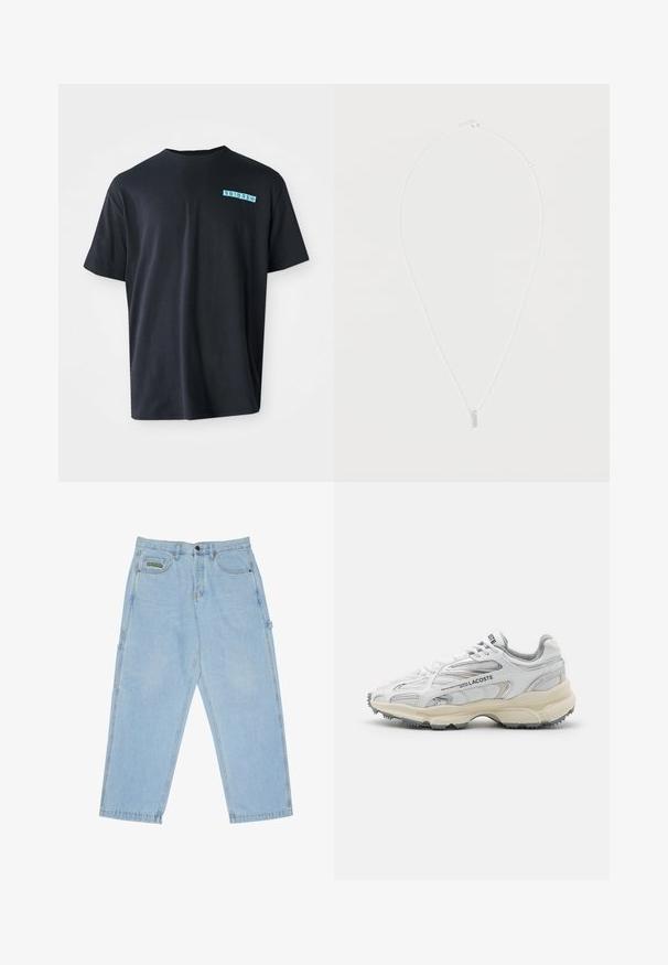 Schwarzes Baumwoll-T-Shirt mit kurzen Ärmeln, Rundhalsausschnitt und einem türkisfarbenen grafischen Logo auf der linken Brust. Glatte Textur, lässige Passform.; Hellblaue Carpenter-Jeans aus Denim mit lockerem Schnitt, fünf Taschen, Gürtelschlaufen und einem kleinen Markenlabel auf der vorderen rechten Tasche.; Weiße Sportschuhe mit grauen Akzenten, Obermaterial aus Mesh und Synthetik, Schnürdesign und rutschfester Gummisohle mit Strukturmustern.; Zarte silberne Kette mit kleinem vertikalem Stabanhänger auf weißem Hintergrund.