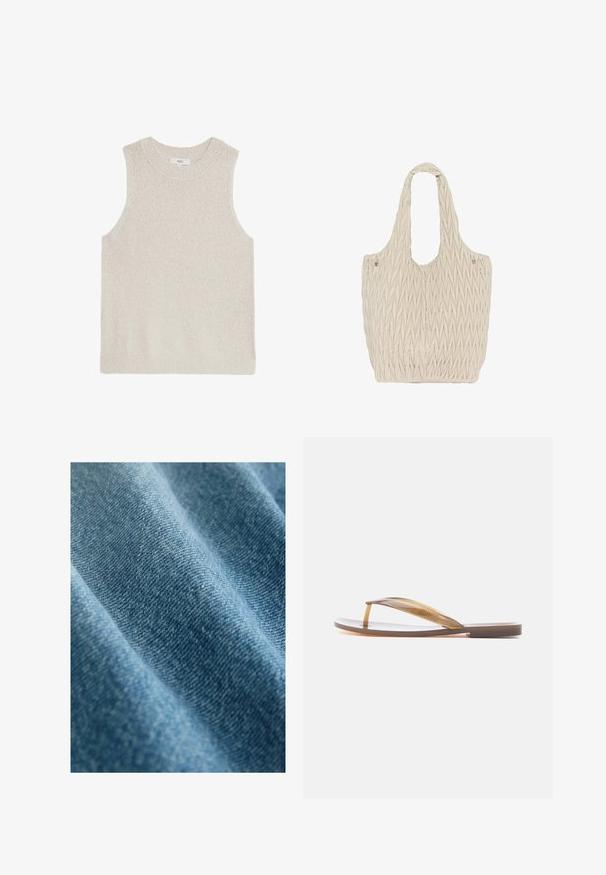 Lys beige ærmeløs sweater med ribbet rund hals, tekstureret stof og minimalistisk design; ingen synlige logoer eller mønstre.; Denimstof i lyseblå med en glat tekstur, der viser et let falmet mønster og ensartet vævning, hvilket fremhæver blødheden og faldet.; Enkelt brun gennemsigtig flip-flop sandal med flad sål og rem mellem tæerne, vist fra siden på hvid baggrund.; Beige tekstureret stofnet med samlet diamantmønster og to håndtag, rummelig og blødt struktureret til daglig brug.