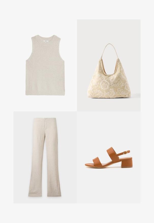 Pull sans manches beige clair avec un col rond côtelé, tissu texturé et design minimaliste ; sans marque ni motifs visibles.; Pantalon en lin beige à jambe droite et fermeture avant dissimulée, présenté à plat sur un fond clair uni. Pas de poches ni de détails visibles.; Sandale en cuir marron avec deux larges brides, bout ouvert et un petit talon carré. Présente une bride de cheville réglable avec une boucle galvanisée en or.; Sac fourre-tout en tissu couleur crème avec motif crochet floral blanc et une seule fine bandoulière sur fond uni.