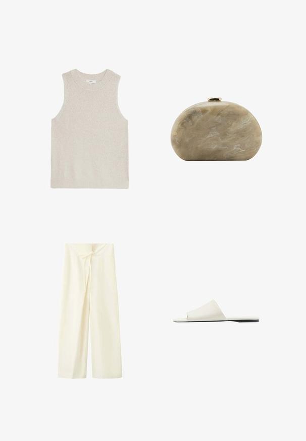 Lys beige ærmeløs sweater med ribbet rund hals, tekstureret stof og minimalistisk design; ingen synlige logoer eller mønstre.; Bredbukser i cremefarve med høj talje og forreste bindedetalje i linningen.; Hvid slidesandal med en bred rem og flad sål, vist i sidevisning på en hvid baggrund.; Lille beige marmoreret hård skal clutch-pung med rundet form og guldlås på toppen.