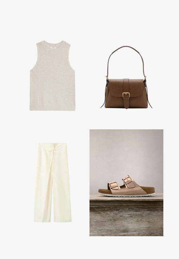 Lys beige ærmeløs sweater med ribbet rund hals, tekstureret stof og minimalistisk design; ingen synlige logoer eller mønstre.; Bredbukser i cremefarve med høj talje og forreste bindedetalje i linningen.; Rosenfarvede slidesandaler i metal med to justerbare metalspænder, korkfodbed og hvid gummisål. Glat metalfinish, åben tå-design.; Brun skuldertaske i læder med frontklaffelukning og guldlås, med justerbar rem med gulddetaljer på hvid baggrund.