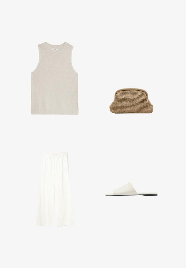 Pull sans manches beige clair avec un col rond côtelé, tissu texturé et design minimaliste ; sans marque ni motifs visibles.; Pantalon blanc à jambes larges avec taille élastique et cordon de serrage, en tissu léger.; Sandale blanche à enfiler avec une large bride unique et une semelle plate, vue de côté sur fond blanc.; Pochette tissée beige avec un bord supérieur arrondi et un extérieur doux et texturé, présentée sur un fond blanc.