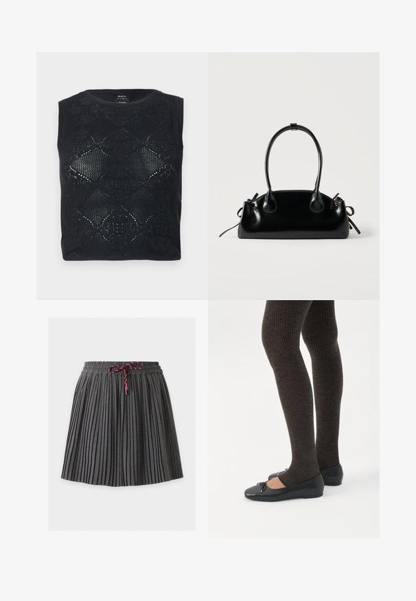 Haut noir sans manches en maille avec motif de dentelle florale et encolure ronde, plié à plat sur un fond clair.; Jupe plissée gris foncé avec une taille élastique et un cordon bordeaux noué au centre devant.; Jambes portant des leggings côtelés foncés associés à des ballerines noires avec de petits détails en nœud sur fond blanc.; Petit sac à main noir brillant avec deux longues anses et des détails à cordon sur les côtés sur un fond clair uni.