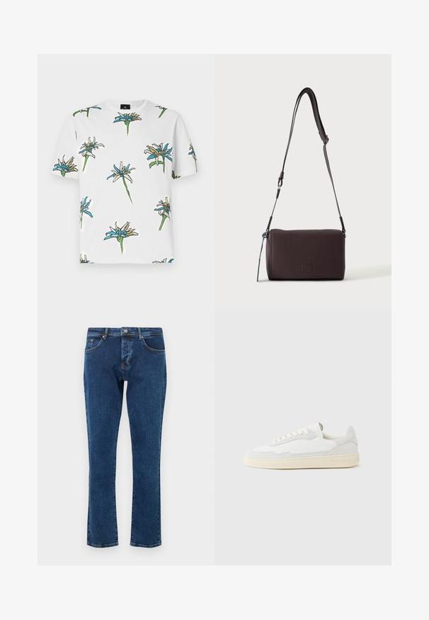 Camiseta blanca de manga corta con un patrón floral repetido en azul, amarillo y verde, con contornos en negro, hecha de un tejido ligero.; Vaqueros de mezclilla azul oscuro con diseño de pierna recta, cinco bolsillos y un botón de metal en la cintura. Textura suave con un desvanecimiento mínimo.; Zapatilla blanca con parte superior texturizada de ante y cuero. Presenta una puntera redondeada, cierre con cordones y suela de goma beige contrastante.; Bolso bandolera de cuero marrón oscuro con textura, correa ajustable y pequeño adorno decorativo azul en el lateral.