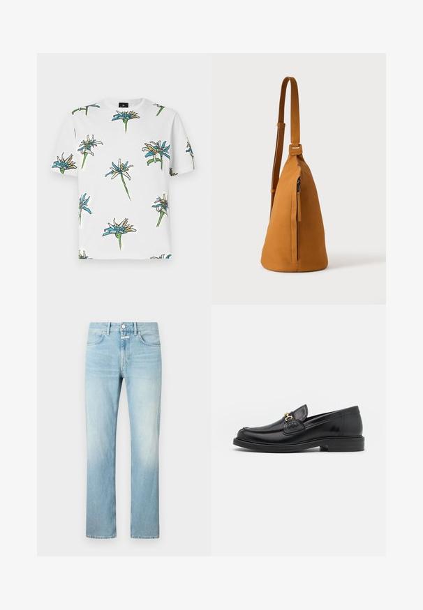 Camiseta blanca de manga corta con un patrón floral repetido en azul, amarillo y verde, con contornos en negro, hecha de un tejido ligero.; Vaqueros de mezclilla azul claro con un corte recto, que cuentan con un diseño clásico de cinco bolsillos y cierre de botones.; Mocasines de cuero negro con punta redondeada, que cuentan con un detalle de herrajes dorados y costuras, situados sobre una suela de goma texturizada y baja.; Bolso bandolera de piel color canela con correa ajustable y bolsillo vertical con cremallera, mostrado de lado sobre un fondo claro y liso.