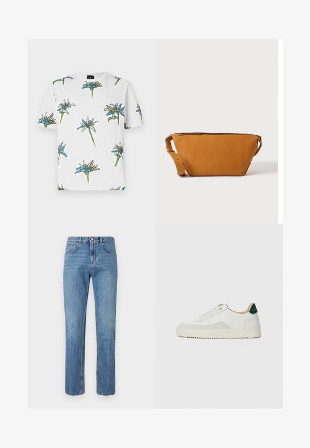 Camiseta blanca de manga corta con un patrón floral repetido en azul, amarillo y verde, con contornos en negro, hecha de un tejido ligero.; Jeans de pierna recta de talle alto en color azul con botón frontal, cremallera, trabillas para cinturón y diseño de cinco bolsillos sobre un fondo blanco.; Zapatilla blanca con acentos de ante, puntera redondeada, cordones planos y suela de goma color crema. Presenta un logo verde en el talón.; Bolso bandolera de cuero marrón claro con correa ajustable y cierre de cremallera, mostrado sobre un fondo claro y liso.