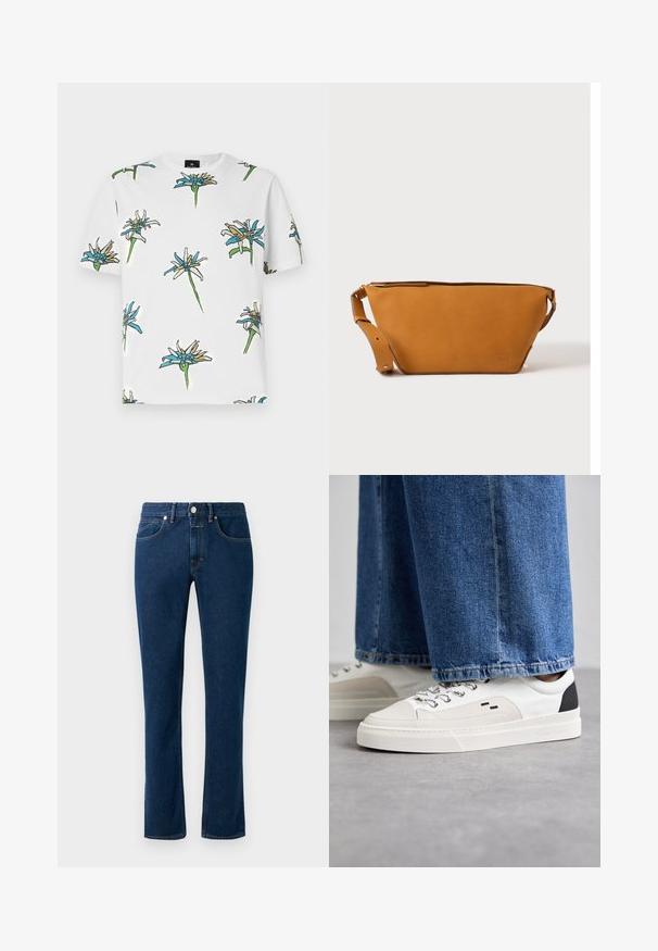 Hvid kortærmet t-shirt med et gentaget blomstermønster i blå, gul og grøn, med konturer i sort, lavet af letvægtsstof.; Mørkeblå denimjeans med et slankt lige ben design, klassisk fem-lomme stil og en knaplukning i taljen.; Hvide og sorte sneakers med en glat læderoverdel, teksturerede detaljer og en kraftig hvid sål. Har et klassisk snørebåndsdesign.; Lys brun læder crossbody taske med justerbar rem og lynlås, vist mod en ensartet lys baggrund.