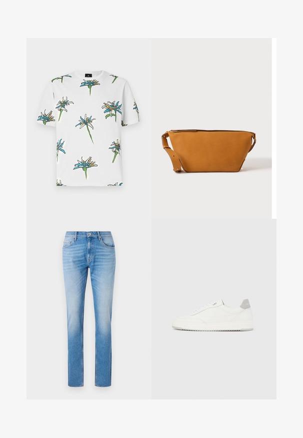 Weißes T-Shirt mit kurzen Ärmeln, das ein wiederholtes Blumenmuster in Blau, Gelb und Grün mit schwarzen Umrissen zeigt, hergestellt aus leichtem Stoff.; Hellblaue Denim-Jeans mit geradem Schnitt, ausgestattet mit einem klassischen Fünf-Taschen-Design, Kontrastnähten und einem leichten Ausbleichungseffekt.; Weißer Sneaker mit niedrigem Schaft, grauem Fersenlaschen, weißen Schnürsenkeln und einer strukturierten Sohle, dargestellt vor einem schlichten hellen Hintergrund.; Hellbraune Leder-Umhängetasche mit verstellbarem Schulterriemen und Reißverschluss, vor einem schlichten hellen Hintergrund gezeigt.