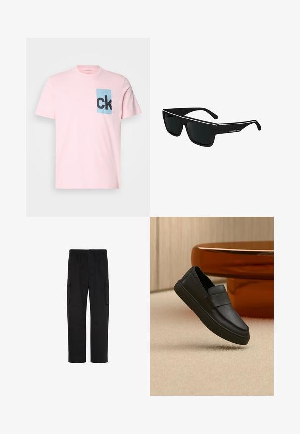 Lyserød bomulds T-shirt med en blå rektangulær lap med sort "ck" bogstaver. Korte ærmer og rund halsudskæring. Glat tekstur.; Sorte straight-leg cargobukser med elastisk talje, knaplukning og to klaplommer på siderne.; Sort lædersko med elastik over vristen, placeret på et beige tæppe og ved et brunt rundt bord.; Calvin Klein Jeans Solbriller - black