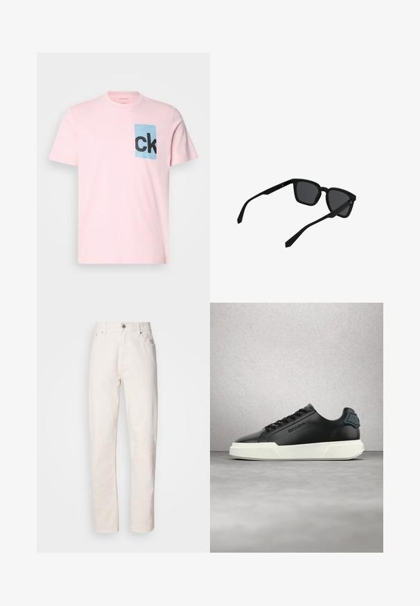 Lyserød bomulds T-shirt med en blå rektangulær lap med sort "ck" bogstaver. Korte ærmer og rund halsudskæring. Glat tekstur.; Hvide denim jeans med lige ben, med knap- og lynlåslukning, bæltestropper samt for- og baglommer, præsenteret på en ensfarvet baggrund.; Sort lædersneaker med hvid sål, sorte snørebånd og præget mærke, vist flydende over en grå gulv med glasblokvæg i baggrunden.; Sorte rektangulære solbriller med tykke stel og mørke linser vist i en let vinkel mod en hvid baggrund.