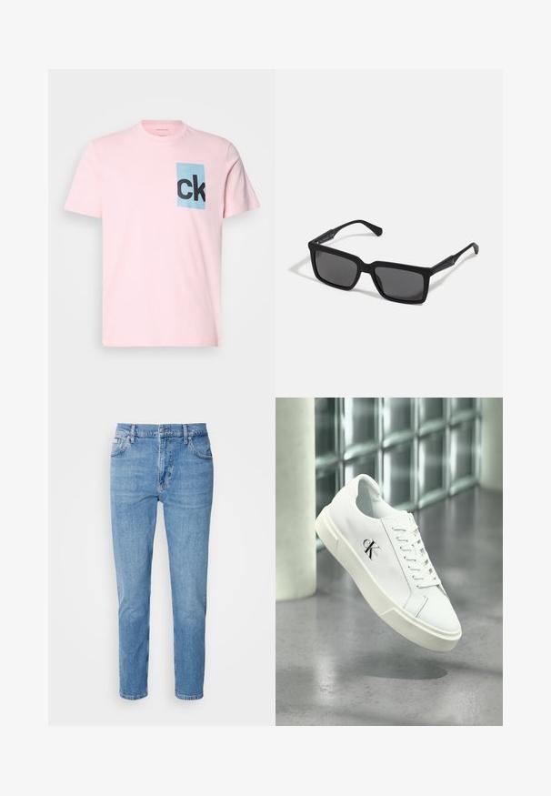 Lyserød bomulds T-shirt med en blå rektangulær lap med sort "ck" bogstaver. Korte ærmer og rund halsudskæring. Glat tekstur.; Lys blå denim jeans med lige snit, fem-lomme design og subtilt slid. Har knaplukning og bæltestropper.; Hvid Calvin Klein sneaker med snørebånd, vist svævende over en poleret betongulv og en baggrund af glasblokke.; Sorte solbriller med rektangulære linser, mat finish, tykke stel og slanke arme med en subtil brandingdetalje.