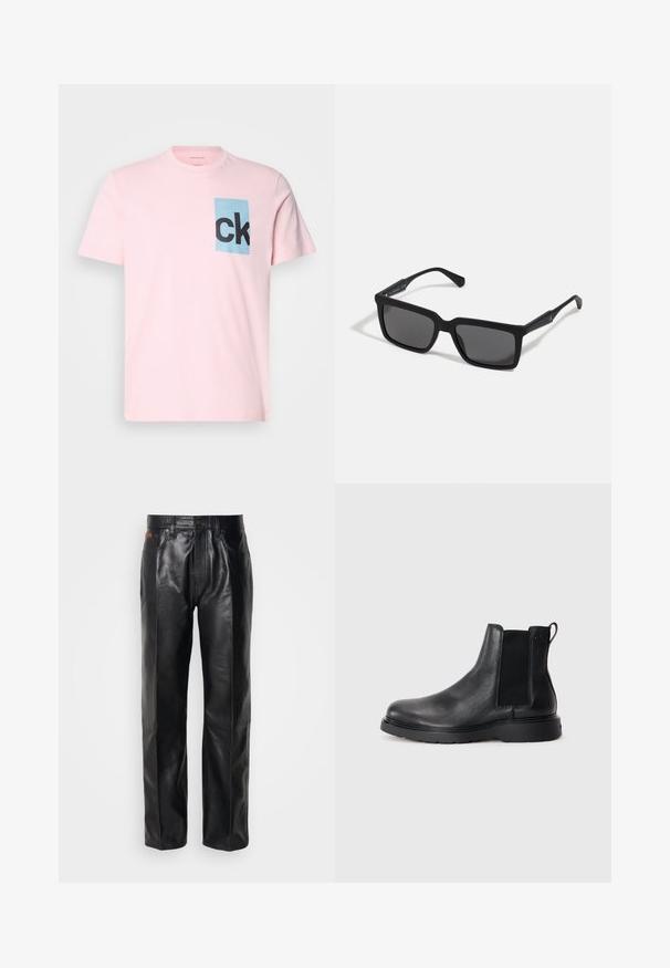 Lyserød bomulds T-shirt med en blå rektangulær lap med sort "ck" bogstaver. Korte ærmer og rund halsudskæring. Glat tekstur.; Sorte læderbukser med lige ben design. Funktioner inkluderer knaplukning og forlommer, der fremhæver en glat tekstur og minimal syning.; Sorte læder chelsea støvler med tekstureret finish, elastiske sidepaneler og en robust gummisål. Subtil branding på hælen.; Sorte solbriller med rektangulære linser, mat finish, tykke stel og slanke arme med en subtil brandingdetalje.