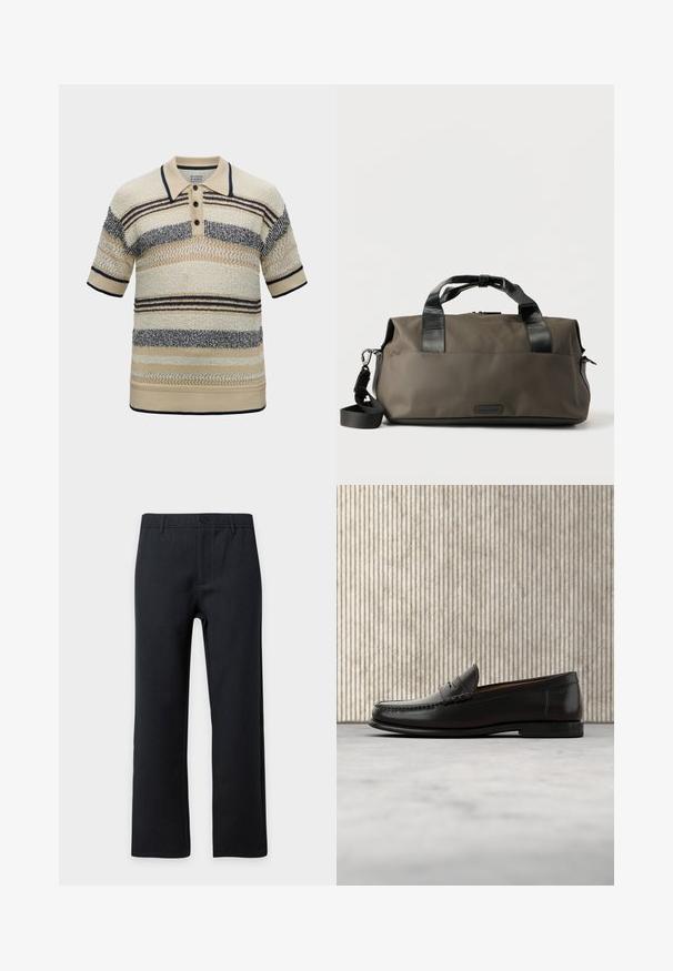 Polo à manches courtes rayé beige et noir avec motif en tricot texturé et trois boutons noirs sur le plastron avant.; Pantalon noir droit avec passants de ceinture, bouton devant et fermeture éclair sur un fond clair uni.; Mocassin penny en cuir noir avec talon bas, bout arrondi et détails cousus à l'avant et sur les côtés, présenté sur un fond neutre.; Sac militaire vert olive foncé avec poignées en cuir noir et bandoulière détachable sur fond blanc.