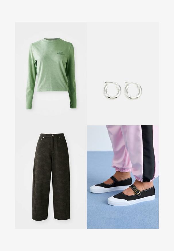 Lichtgroene longsleeve t-shirt van zacht katoen, met een ronde hals en een klein bedrukt logo aan de bovenlinkerzijde.; Donkergroene wijde broek met een gestructureerd bloempatroon, vijf zakken en metalen knoopsluitingen in de taille.; Zwarte canvas schoenen met een witte zool, met een uitgesneden ontwerp en een gouden gespband. Draagt met roze joggingsbroek.; Zilveren oorbellen in de vorm van een ring met een gepolijste afwerking, met een cirkelvorm en een scharnierende postsluiting. Glad oppervlak met minimale details.