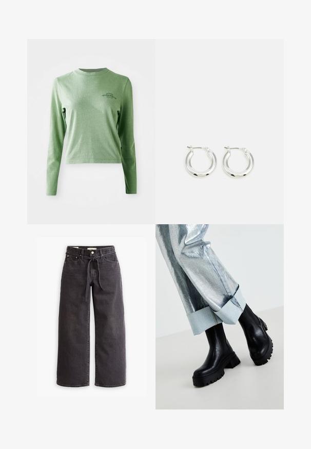 Lichtgroene longsleeve t-shirt van zacht katoen, met een ronde hals en een klein bedrukt logo aan de bovenlinkerzijde.; Zwarte wijde denim jeans met een trekkoord in de taille, vijf zakken en contrasterende stiksels. Platte voorkant.; Zwarte chunky enkelboots met textuurzolen, gedragen met zilverkleurige metallic broek met een lichte denim omslag. Minimalistisch ontwerp, strakke materialen.; Zilveren oorbellen in de vorm van een ring met een gepolijste afwerking, met een cirkelvorm en een scharnierende postsluiting. Glad oppervlak met minimale details.