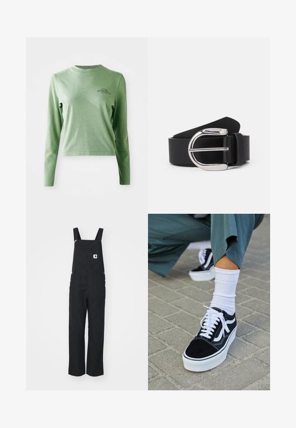 Lichtgroene longsleeve t-shirt van zacht katoen, met een ronde hals en een klein bedrukt logo aan de bovenlinkerzijde.; Zwarte stoffen overall met verstelbare schouderbanden, voorzak en zijknopen. Recht model, gladde textuur, minimalistische stijl.; Zwarte suède sneaker met witte accenten en veters, uitgerust met een dikke witte zool en contrasterende stiksels, gecombineerd met een witte sok.; Zwarte leren riem met een zilveren metalen gespan, met een gladde textuur en een klassiek ontwerp. De riem heeft een breedte van 3,8 cm.