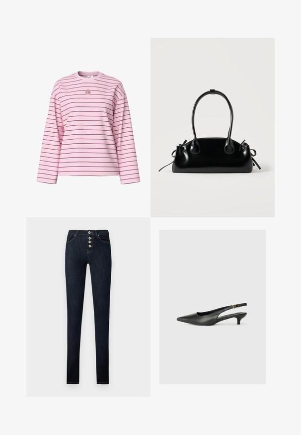 Lyserød langærmet skjorte med vandrette bordeaux-striber og et lille rundt logo på brystet, vist på en ensfarvet baggrund.; Mørkeblå slim-fit jeans med fem-knaps lukning, for- og baglommer, vist fladt mod en hvid baggrund.; Sorte spidse slingback-sko lavet af glat læder. Har en tynd hæl og en spænde detalje på den justerbare rem.; Lille sort blank håndtaske med to lange håndtag og snøre-detaljer i siden på en ensfarvet lys baggrund.