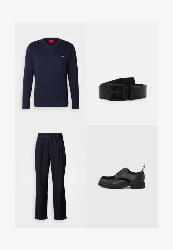 Donkerblauwe lange mouwen t-shirt van katoen met een ronde halslijn, witte "HUGO" logo op de borst en een eenvoudige, gladde textuur.; Donkerblauwe denim jeans met wijde pijpen, inclusief voorplooien en oranje stiksels, weergegeven op een witte achtergrond.; Zwarte leren veterboot met dikke, getande zool en rode trekband aan de hiel, weergegeven in zijprofiel op een lichtgrijze achtergrond.; Zwarte leren riem met een matte afwerking, voorzien van een rechthoekige metalen gesp en een gladde textuur. Eenvoudig ontwerp zonder patronen of accenten.