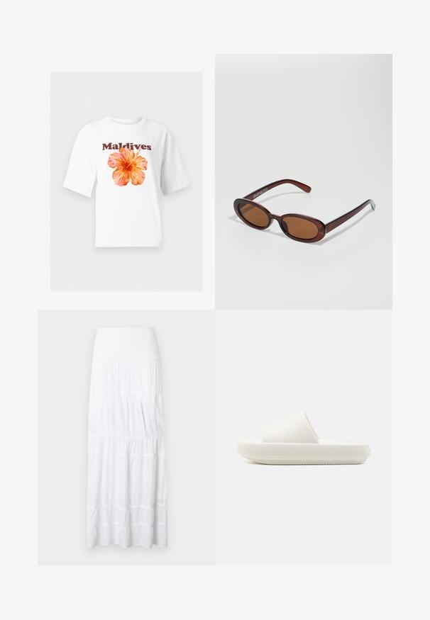 Λευκό T-shirt με κοντά μανίκια, με μεγάλο πορτοκαλί άνθος ϊβίσκου και τη λέξη "Maldives" τυπωμένη πάνω από το λουλούδι.; Λευκή μακριά φούστα με επίπεδα, φτιαγμένη από ελαφρύ ύφασμα. Διαθέτει ελαστική μέση και διακριτική υφή με οριζόντιες ραφές.; Λευκή διαδικασία σάνταλ με υφασμάτινη λωρίδα και στρογγυλή, ανυψωμένη σόλα. Το υλικό φαίνεται λείο και ανθεκτικό με ένα απαλό σχέδιο.; Στρογγυλά, καφέ-χρωματιστά γυαλιά ηλίου με γυαλιστερή μπορντώ σκελετό. Λεπτά πόδια με διακριτική λεπτομέρεια λογότυπου. Σχεδίαση επίπεδου φακού.