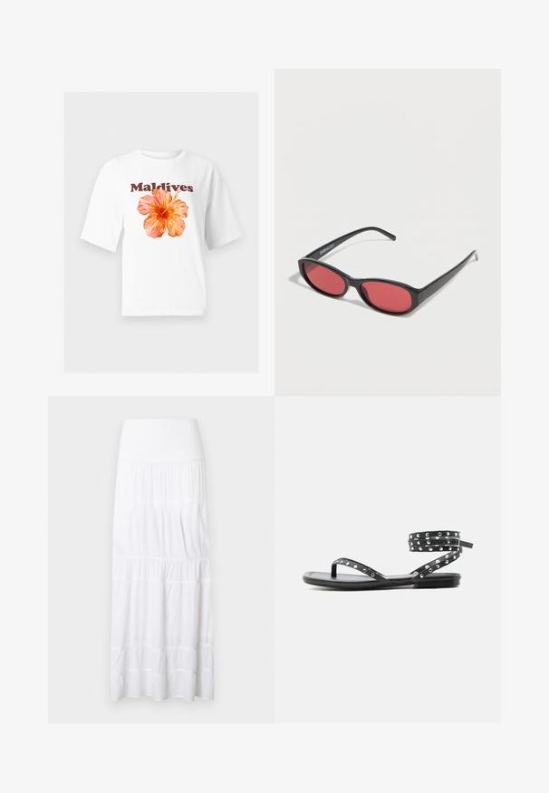 Λευκό T-shirt με κοντά μανίκια, με μεγάλο πορτοκαλί άνθος ϊβίσκου και τη λέξη "Maldives" τυπωμένη πάνω από το λουλούδι.; Λευκή μακριά φούστα με επίπεδα, φτιαγμένη από ελαφρύ ύφασμα. Διαθέτει ελαστική μέση και διακριτική υφή με οριζόντιες ραφές.; Μαύρο επίπεδο σανδάλι με λεπτές λουρίδες, ασημένιες τρουκς και κλείσιμο με αγκράφα περιμετρικά στον αστράγαλο, σε απλό ανοιχτό φόντο.; Μαύρα οβάλ γυαλιά ηλίου με λεπτούς βραχίονες και κόκκινα φακούς, τοποθετημένα πάνω σε λευκή επιφάνεια.