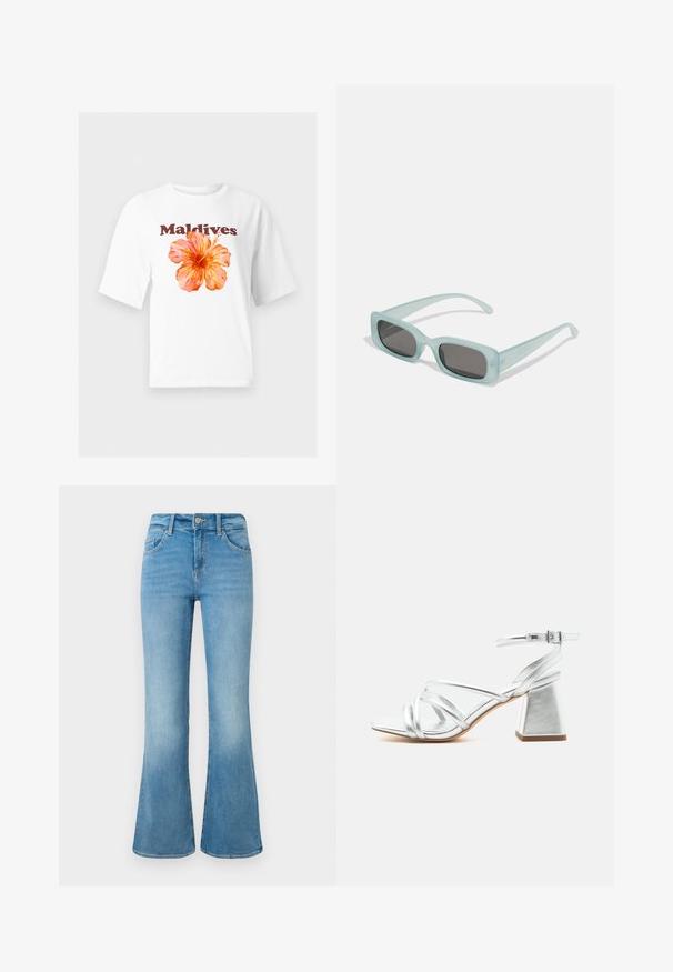 Λευκό T-shirt με κοντά μανίκια, με μεγάλο πορτοκαλί άνθος ϊβίσκου και τη λέξη "Maldives" τυπωμένη πάνω από το λουλούδι.; Ανοιχτό μπλε τζιν παντελόνι με φαρδιά καμπάνα, μπροστινές τσέπες, θηλιές ζώνης και κούμπωμα με κουμπί, σε λευκό φόντο.; Ασημί σανδάλι με λουράκια, τακούνι μπλοκ και λουρί με πόρπη στον αστράγαλο, ανοιχτή μύτη και λείο πέλμα σε απλό λευκό φόντο.; Ενα ζευγάρι ορθογώνια γυαλιά ηλίου με ανοιχτό μπλε ημιδιαφανείς σκελετούς και σκούρους γκρι φακούς, διαθέτοντας ίσιες βραχίονες και ελάχιστες λεπτομέρειες υλικών.
