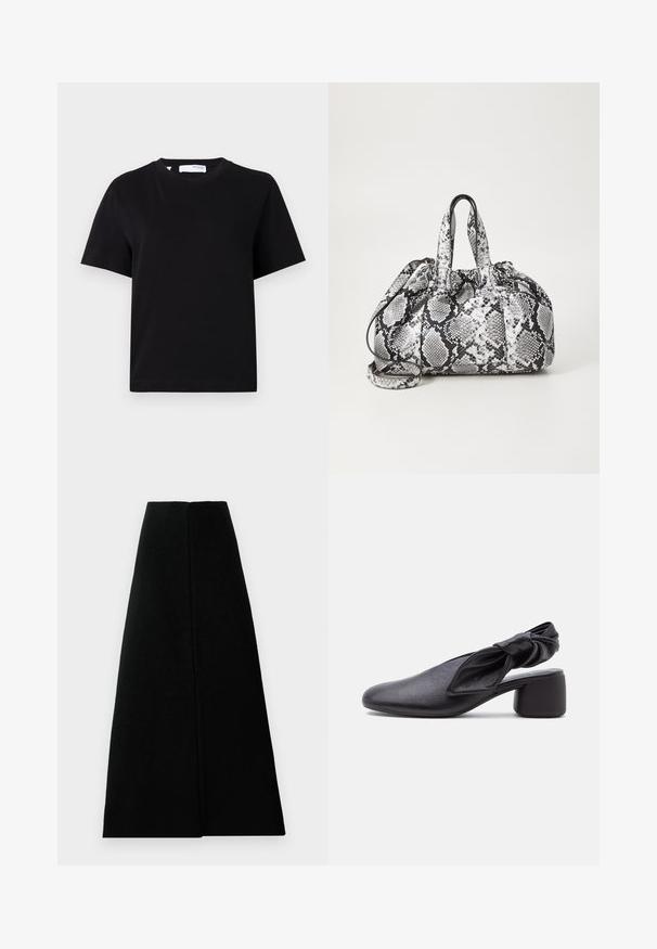 T-shirt noir uni à manches courtes avec col rond, coupe décontractée et petite étiquette au col.; Jupe en laine noire au design structuré, avec une texture lisse et des lignes épurées. Mi-longue, de forme évasée, sans fermetures visibles.; Chaussure slingback en cuir noir avec bout arrondi, détail de bride nouée et petit talon carré sur fond blanc.; Sac à main en motif peau de serpent noir et blanc avec deux poignées, une fermeture à cordon et une bandoulière amovible. Texture lisse.