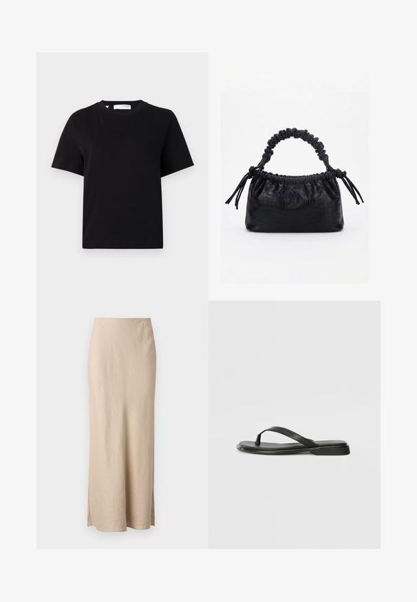 T-shirt noir uni à manches courtes avec col rond, coupe décontractée et petite étiquette au col.; Samsøe Samsøe AGNETA LONG SKIRT - Jupe longue - white pepper; Tongs noires en cuir lisse, avec un design de sangle fine et une semelle plate à profil minimal. Aucun motif ou accent notables.; Sac à main noir avec texture crocodile, bord supérieur froncé, poignée plissée et pompons à cordon de chaque côté sur fond blanc.