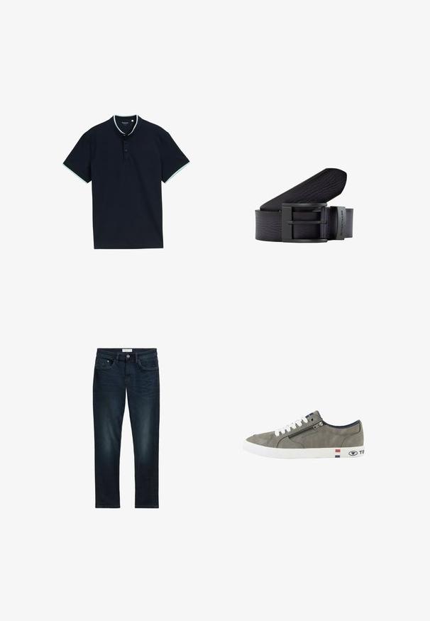 Polo de color navy con un tejido texturizado, que presenta un cuello alto, tres botones y acentos en azul claro en el cuello y las mangas.; Jeans de mezclilla azul oscuro con un ajuste slim, que cuentan con cinco bolsillos, un cierre de botón y un ligero desgastado en la parte frontal para añadir textura.; Zapatilla deportiva baja gris con cordones blancos, cremallera lateral y suela blanca con franjas rojas, blancas y azules y marca Tom Tailor.; Cinturón de cuero negro con un acabado texturizado, que presenta una hebilla rectangular de metal negro y un detalle de marca. Bordes suaves y diseño en capas.