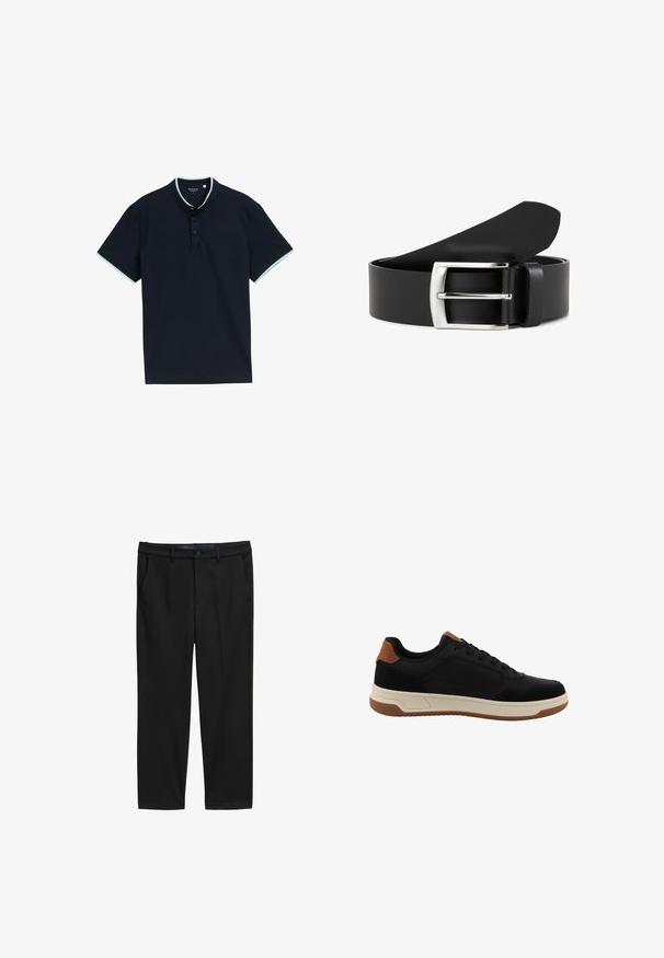 Marineblaues Poloshirt aus strukturiertem Stoff, mit Stehkragen, drei Knöpfen und hellblauen Akzenten am Kragen und den Ärmeln.; Schwarze Hose mit geradem Schnitt aus strukturiertem Stoff. Besitzt zwei Fronttaschen und einen Knopfverschluss an der Taille.; Schwarzer Low-Top-Sneaker mit braunen Akzenten an Ferse und Zunge, weißer Zwischensohle und brauner Gummilaufsohle, seitlich dargestellt.; Schwarzer Ledergürtel mit einer silbernen rechteckigen Metallschnalle, aufgerollt vor weißem Hintergrund.