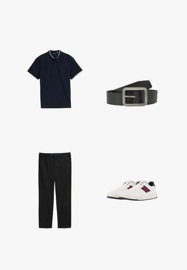 Marineblaues Poloshirt aus strukturiertem Stoff, mit Stehkragen, drei Knöpfen und hellblauen Akzenten am Kragen und den Ärmeln.; Schwarze Hose mit geradem Schnitt aus strukturiertem Stoff. Besitzt zwei Fronttaschen und einen Knopfverschluss an der Taille.; TOM TAILOR Sneaker low - white navy; Schwarzer Lederbelt mit einer rechteckigen silbernen Metallschnalle, die einen mittleren Dorn und gestickte Kantenverzierung aufweist. Markenname auf der Schnalle eingestanzt.