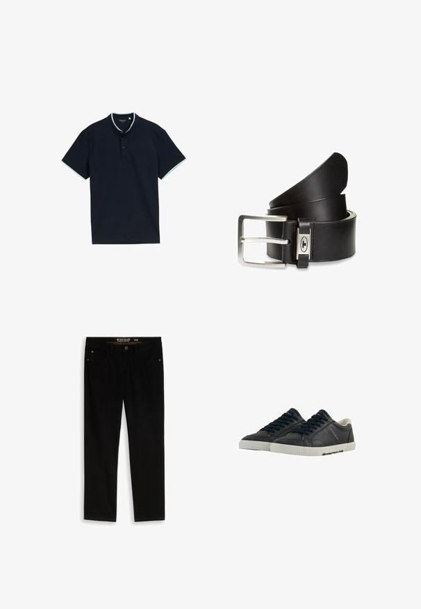 Marineblå polo t-shirt med tekstureret stof, der har en stående krave, tre knapper og lyseblå detaljer på kraven og ærmerne.; Sorte jeans med lige ben, forlommer og bæltestropper, mærket Tom Tailor Marvin Straight, størrelse 31/32.; Marine læder sneakers med hvide gummisåler, rund tå og sorte snørebånd. Subtile teksturer og branding på siderne. Casual design.; Sort læderbælte med en sølv dobbelt-prong spænde, glat tekstur, bredde bånd og stikninger nær spænde vedhæftningen.
