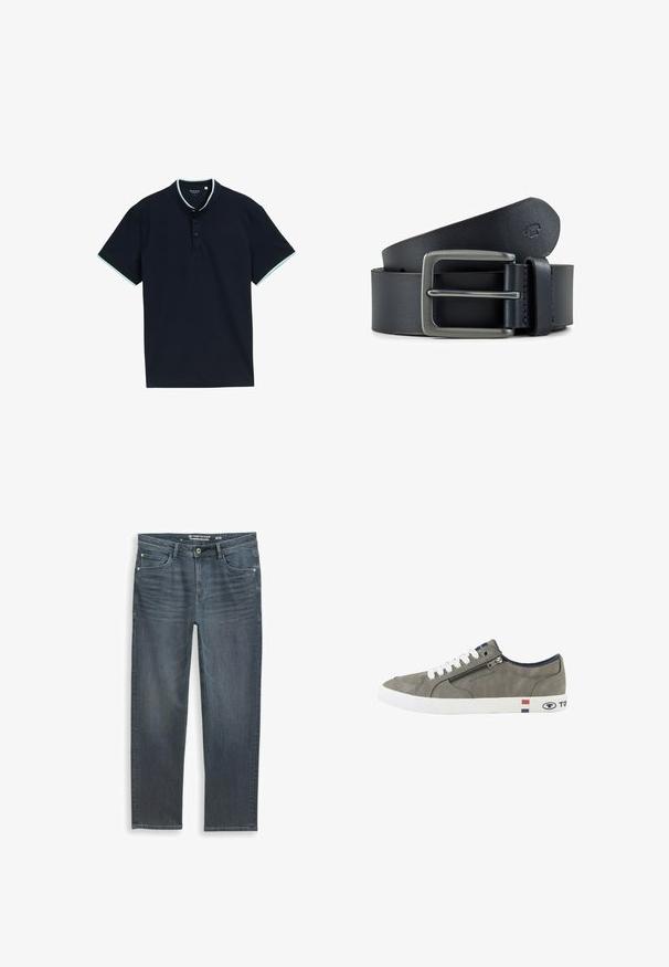 Marineblaues Poloshirt aus strukturiertem Stoff, mit Stehkragen, drei Knöpfen und hellblauen Akzenten am Kragen und den Ärmeln.; Dunkelgraue Relaxed-Fit-Jeans mit Reißverschluss, Fünf-Taschen-Design und dezentem Verblassen. Hergestellt aus Denim mit glatter Textur.; Grauer Sneaker mit niedrigem Schaft, weißen Schnürsenkeln, seitlichem Reißverschluss und weißer Sohle mit roten, weißen und blauen Streifen sowie Tom Tailor-Logo.; Schwarzer Ledergürtel mit mattgrauer Metallschnalle. Verfügt über eine glatte Textur und eine einzelne Naht am Riemen.