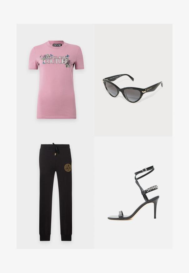 Camiseta de algodón rosa con mangas cortas y cuello redondo. El gráfico frontal incluye patrones florales y "VERSACE JEANS COUTURE" en letras negritas.; Pantalones jogger negros de corte ajustado con cintura ajustable con cordón y parche con el logo dorado de Versace Jeans Couture en la parte superior del muslo izquierdo.; Sandalia negra de tacón alto con tira delgada en el tobillo, tira en la parte media del pie decorada con eslabones de cadena plateados y diseño de punta abierta.; Gafas de sol cat-eye negras de Michael Kors con lentes oscuros degradados y acentos dorados del logo en las varillas, sobre un fondo blanco.