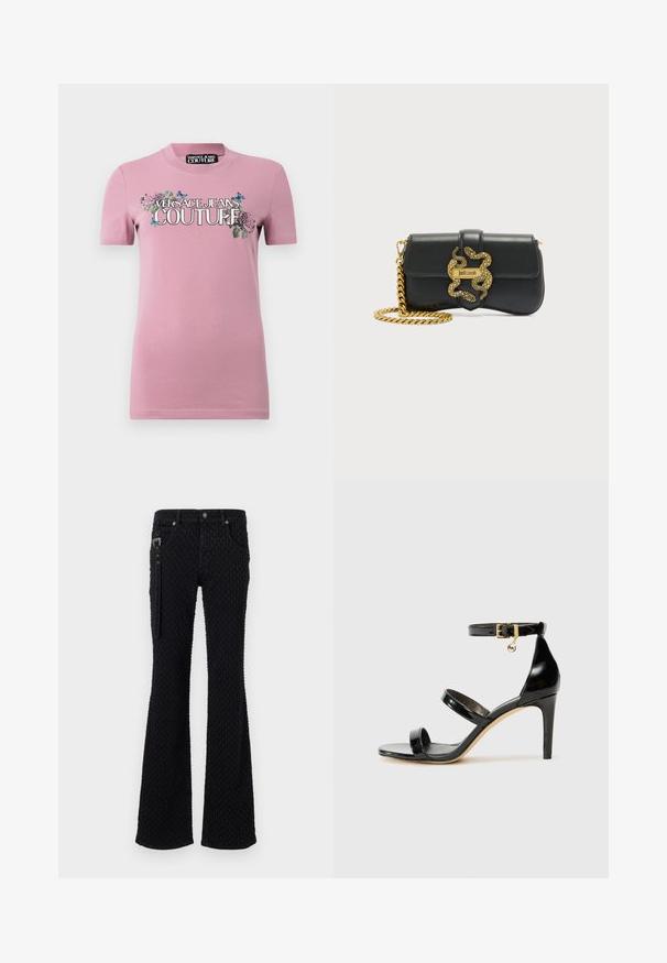 Roosa puuvillane T-särk lühikeste varrukatega ja ümar kaelus. Esipoolne graafika sisaldab lillemotiive ja "VERSACE JEANS COUTURE" julgete tähtedega.; Mustad mustad teksapüksid, millel on tekstuuriga kangas ja õrn muster, hõbedase värvusega detailid ning esimesed taskud. Tõmblukk külgedel.; Must musta nahk sandaal kolme rihmaga, pahkluu vööga ja 4-tollise stilettakontsaga. Omab kuldset detaili ja logovõtit.; Must nahast õlakott kuldse ketiga ja dekoratiivse kuldse madu pandlaga, millel on "Just Cavalli" logo.
