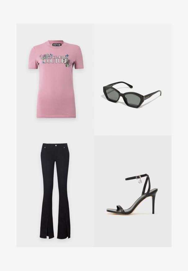 Roosa puuvillane T-särk lühikeste varrukatega ja ümar kaelus. Esipoolne graafika sisaldab lillemotiive ja "VERSACE JEANS COUTURE" julgete tähtedega.; Musta laienev teksariie, valmistatud pehmest denimist, millel on lõhikud pahkluude juures, kaks eesmist taskut ja metallist nupuga sulgur. Klassikaline disain puhta viimeg.; Mustad kõrge kontsaga sandaal kitsaste pahkluu rihmadega, kandilise varbaosaga, siledast nahast ning metallist pandla aktsendiga.; Mustad mustad prillid, millel on eristuv nurkadega raam, tumedashallid läätsed ja diskreetne brändi logo templil.