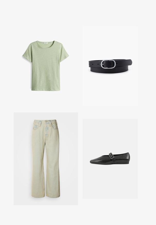 Grünes Kurzarm-T-Shirt aus strukturiertem Stoff, mit einem runden Ausschnitt und geradem Schnitt. Einfaches Design ohne zusätzliche Muster.; Hellblaue Schlagjeans aus Denim mit hoher Taille, fünf Taschen und subtilen Ausbleichungen sowie kontrastierenden Nähakzenten.; Schwarze Lederflachschuhe mit spitzem Zehenbereich, ausgestattet mit einem metallischen Riemen über dem Spann und einer niedrigen, flexiblen Sohle.; Schwarzer Leder Gürtel mit glatter Textur, ovaler silberner Metallschnalle und mehreren Einstelllöchern entlang des Riemens. Flaches, minimalistisches Design.