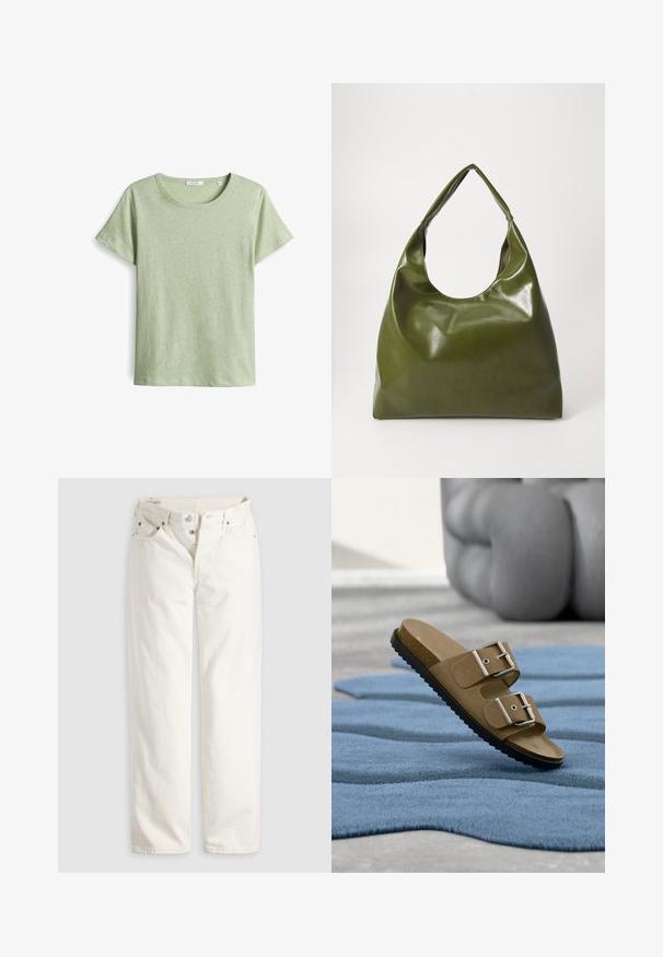 Grünes Kurzarm-T-Shirt aus strukturiertem Stoff, mit einem runden Ausschnitt und geradem Schnitt. Einfaches Design ohne zusätzliche Muster.; Weiße, hoch taillierte Jeans mit geradem Bein, Knopfleiste, Vorder- und Gesäßtaschen sowie sichtbaren Kupfernieten an den Taschenecken.; Braune Wildledersandale mit doppelten silbernen Schnallen auf einem strukturierten blauen Teppich, im unscharfen Hintergrund ein großes graues skulpturales Objekt.; Grüne Leder-Hobo-Tasche mit einem lässigen Design, gebogenem Griff und glatter Textur. Enthält keine sichtbaren Beschläge oder Akzente.