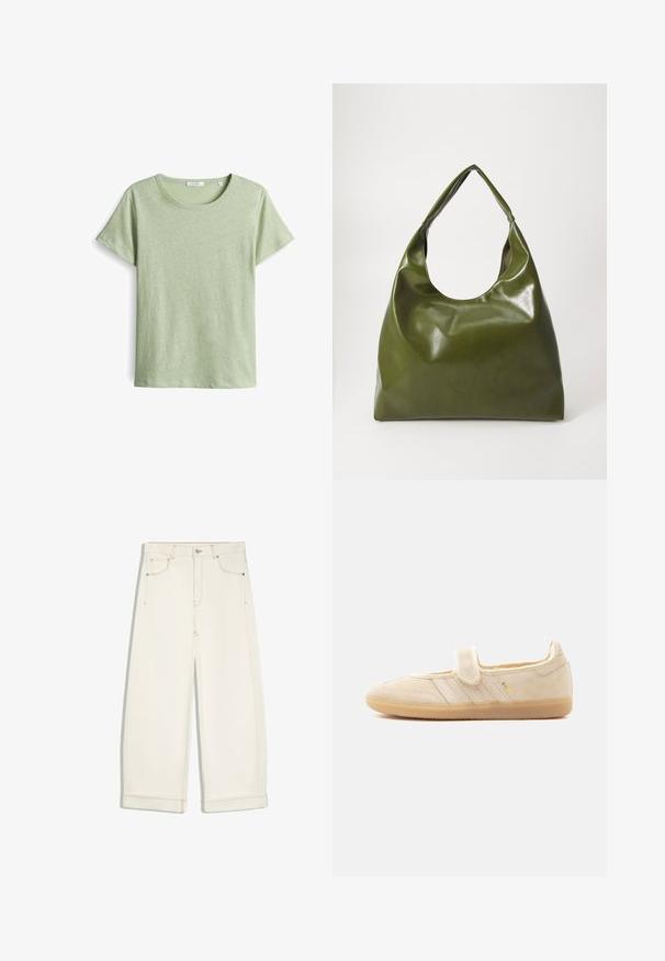 Groen T-shirt met korte mouwen van een gestructureerde stof, met een ronde halslijn en rechte snit. Eenvoudig ontwerp zonder extra patronen.; Off-white wijde cropped broek met knoop aan de voorkant, rits, twee voorzakken en zichtbare bruine stiksels.; Beige suède Mary Jane sneaker met klittenbandsluiting, rubberen zool, drie gestikte strepen en gouden "SAMBA"-branding aan de zijkant.; Groene leren hobotas met een slordig ontwerp, gebogen handvat en een gladde textuur. Bevat geen zichtbare hardware of accenten.