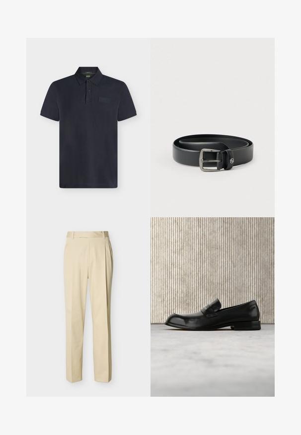 Polo noir à manches courtes avec un col côtelé, une patte à deux boutons et un logo embossé discret sur la poitrine gauche.; Pantalon beige à jambe droite avec passants de ceinture et plis sur le devant, sur un fond uni clair.; Mocassin en cuir noir avec un accent métallique, présenté en lévitation au-dessus d'un tapis beige, avec une table ronde de couleur ambre en arrière-plan.; Ceinture en cuir noir avec une boucle en métal argenté brillante, texture lisse et bords cousus. Dispose d'une boucle pour fixer l'extrémité de la ceinture.