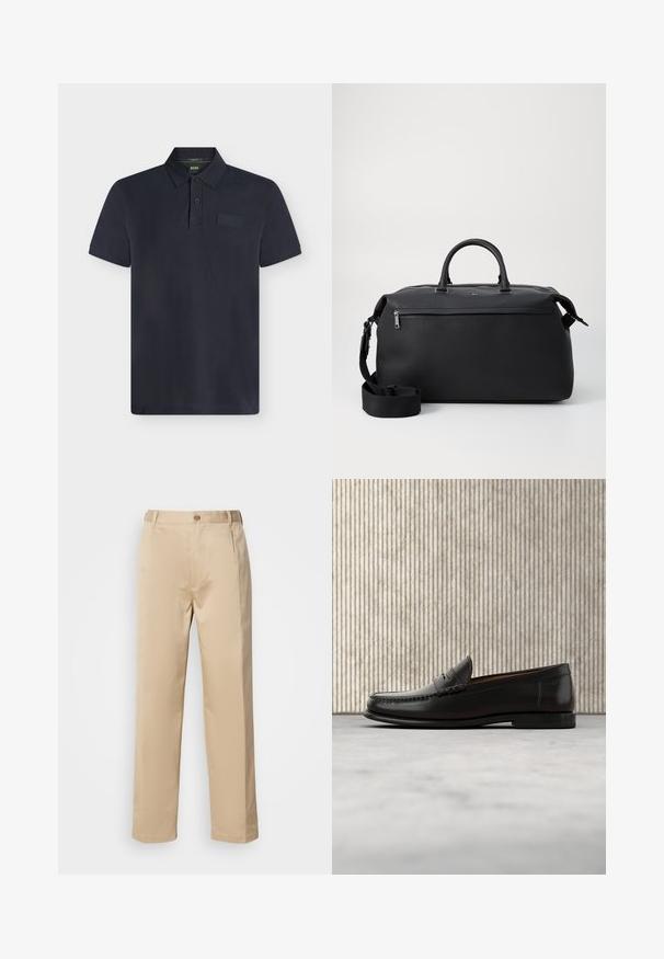 Polo noir à manches courtes avec un col côtelé, une patte à deux boutons et un logo embossé discret sur la poitrine gauche.; Pantalons beiges en tissu léger, avec une coupe droite, une taille avec passants de ceinture et une fermeture à bouton sur le devant.; Mocassin penny en cuir noir avec talon bas, bout arrondi et détails cousus à l'avant et sur les côtés, présenté sur un fond neutre.; Sac de voyage en cuir noir avec deux poignées supérieures, une bandoulière amovible et une poche avant zippée pour un espace de rangement supplémentaire.
