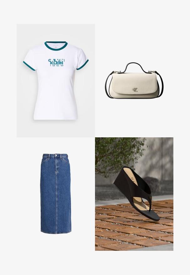 Witte t-shirt met korte mouwen en teal kleurige ribboord aan de kraag en mouwen. Voorzien van het logo "CALVIN KLEIN 1968" in teal op de voorkant. Gemaakt van katoen.; Denim midi-rok in middelblauw met een rechte snit, voorste knoopsluiting, twee zijzakken en zichtbare stiksels voor textuur.; Zwarte sleehak sandaal met teenriem en gouden driehoekig logo-embleem, tentoongesteld boven een gestructureerde bakstenen ondergrond met groen en een muur op de achtergrond.; Crèmekleurige rechthoekige handtas met zwarte riem en handvat, voorflapsluiting en een klein zilverkleurig "cK"-logo in het midden van de voorkant.