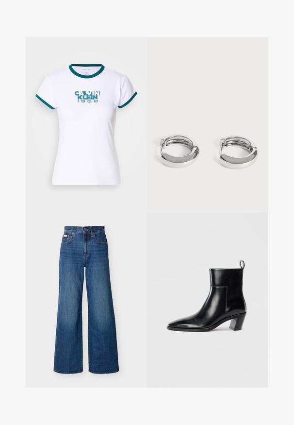 Biely tričko s krátkym rukávom s teal prúžkovaným golierom a manžetami. Na prednej strane sa nachádza logo "CALVIN KLEIN 1968" v teal farbe. Vyrobené z bavlny.; Modré široké rifle s vysokým pásom, predným gombíkom, zipsom a dizajnom s piatimi vreckami na jednoduchom pozadí.; Čierna kožená členková čižma s špicatou špičkou, geometricky tvarovaným podpätkom a pútkom na zadnej strane. Hladká textura a elegantný dizajn.; Pár malých, lesklých strieborných náušníc s hladkými zaoblenými povrchmi na obyčajnom bielom pozadí.
