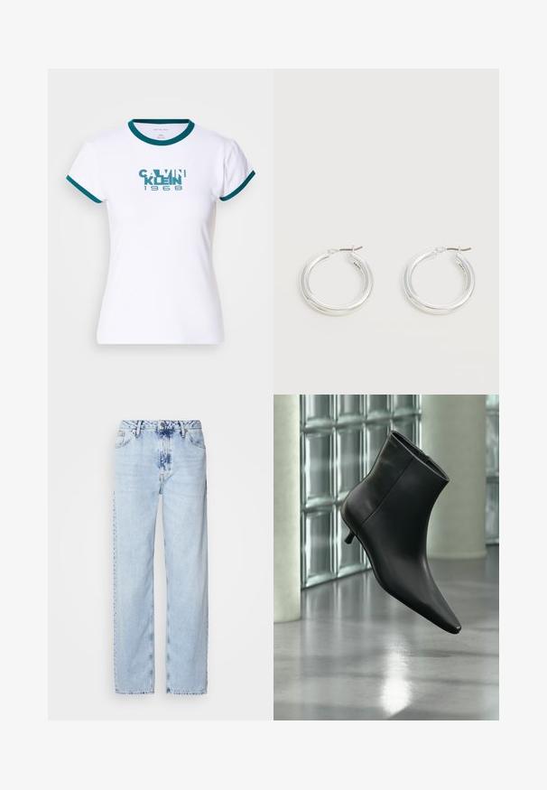 Biely tričko s krátkym rukávom s teal prúžkovaným golierom a manžetami. Na prednej strane sa nachádza logo "CALVIN KLEIN 1968" v teal farbe. Vyrobené z bavlny.; Svetlomodré široké džínsy vyrobené z denimu, s vysokým pásom, vyblednutým umývaním a jemným vzorom batikovania na prednej strane.; Čierna kožená členková čižma so špicatou špičkou a nízkym kitten podpätkom, zobrazená šikmo na pozadí leštenej podlahy a steny zo sklenených blokov.; Pár stredne veľkých lesklých strieborných kruhových náušníc s tenkými kovovými zapínaniami na svetlom neutrálnom pozadí.