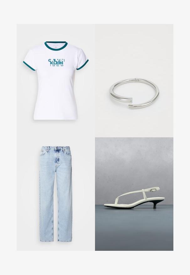 Biely tričko s krátkym rukávom s teal prúžkovaným golierom a manžetami. Na prednej strane sa nachádza logo "CALVIN KLEIN 1968" v teal farbe. Vyrobené z bavlny.; Svetlomodré široké džínsy vyrobené z denimu, s vysokým pásom, vyblednutým umývaním a jemným vzorom batikovania na prednej strane.; Biela sandála na podpätku kitten s remienkami a zašpicatenou špičkou, lietajúca nad drevenou dlažbou vonku s rozmazaným pozadím rastlín a steny.; Calvin Klein SPIRAL - Náramok - silver-coloured
