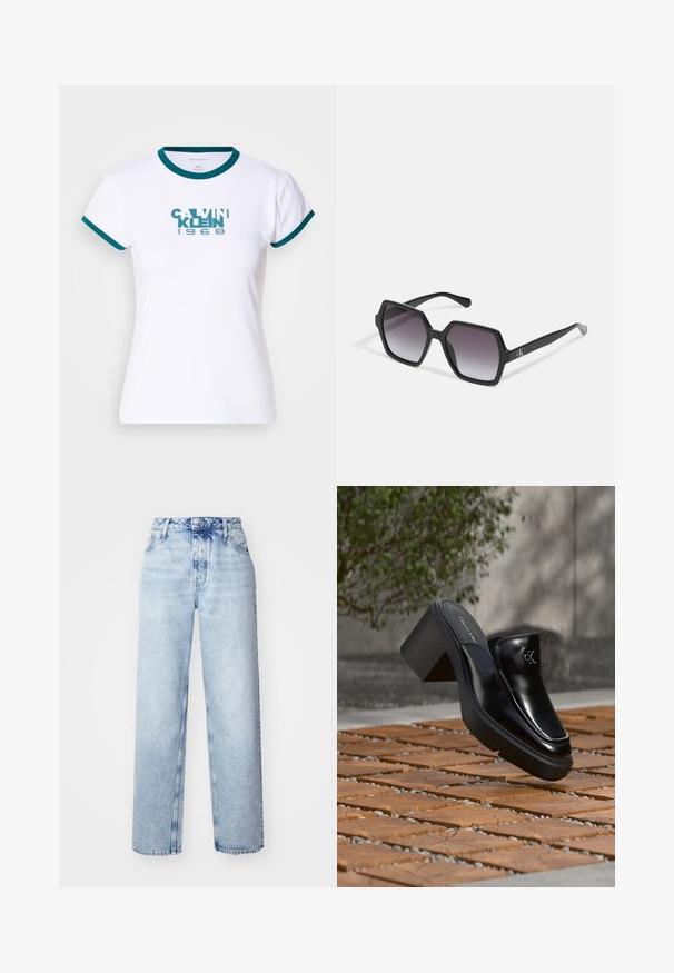 Camiseta blanca de manga corta con cuello y puños acanalados en teal. Presenta el logotipo "CALVIN KLEIN 1968" en teal en el frente. Material de algodón.; Jeans de tiro alto color azul claro con un corte holgado, que cuentan con piernas rectas, cinco bolsillos y un cierre clásico de botones y cremallera.; Mule tipo slip-on de cuero negro de Calvin Klein con tacón de bloque descansando sobre baldosas de madera al aire libre cerca de una planta verde y una pared gris.; Gafas de sol hexagonales negras con lentes degradados, que presentan un acabado brillante y un sutil branding en la patilla. Construcción de plástico duradero.