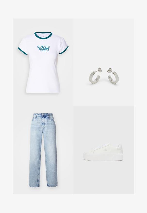Biely tričko s krátkym rukávom s teal prúžkovaným golierom a manžetami. Na prednej strane sa nachádza logo "CALVIN KLEIN 1968" v teal farbe. Vyrobené z bavlny.; Svetlomodré vysooko nasadené džínsy s voľným strihom, priamymi nohavicami, piatimi vreckami a klasickým zapínaním na gombík a zips.; Biele platformové tenisky s hladkým koženým zvrškom, zaoblenou špičkou, bielymi šnúrkami a jemným detailom loga na boku. Plochá gumová podrážka.; Strieborné kovové náušnice v tvare kruhu s textúrovaným dizajnom, s malým zarážacím zapínaním a logom na jednom kruhu. Zaoblený tvar s lesklým povrchom.