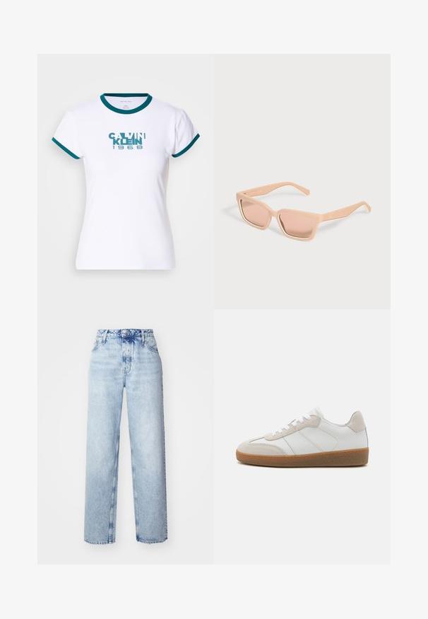 Hvid kortærmet t-shirt med teal ribbet krave og manchetter. Har "CALVIN KLEIN 1968" logo i teal på fronten. Lavet af bomuldsmateriale.; Lyseblå højtaljede jeans med løs pasform, der har lige ben, fem lommer og en klassisk knap- og lynlåslukning.; Hvide lædersneakers med beige ruskindsdetaljer, struktureret tunge og gummisål. Har hvide snørebånd og diskrete stikninger.; Rektangulære lyse ferskenfarvede solbriller med tykke stel og matchende tonede linser på en ensfarvet lys baggrund.