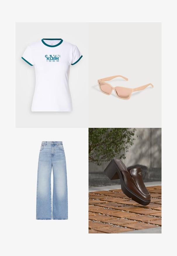 Witte t-shirt met korte mouwen en teal kleurige ribboord aan de kraag en mouwen. Voorzien van het logo "CALVIN KLEIN 1968" in teal op de voorkant. Gemaakt van katoen.; Lichtblauwe high waist jeans met wijde pijpen, voorzien van een knoop- en ritssluiting aan de voorkant, zakken aan de voor- en achterkant, en een lichte distressed uitvoering op de rechterzak.; Bruine leren Calvin Klein mule met hak die boven houten tegelvloer zweeft met een vervaagde groene plant en muur op de achtergrond.; Rechthoekige lichtperzikkleurige zonnebril met dikke monturen en bijpassende getinte glazen op een effen lichte achtergrond.